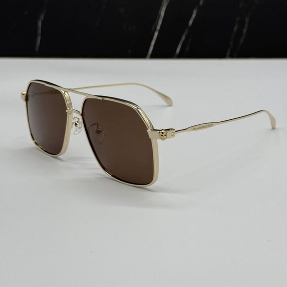 NEW ALEXANDER MCQUEEN GOLD BROWN PILOT UNISEX SUNGLASSES AM0372S 002